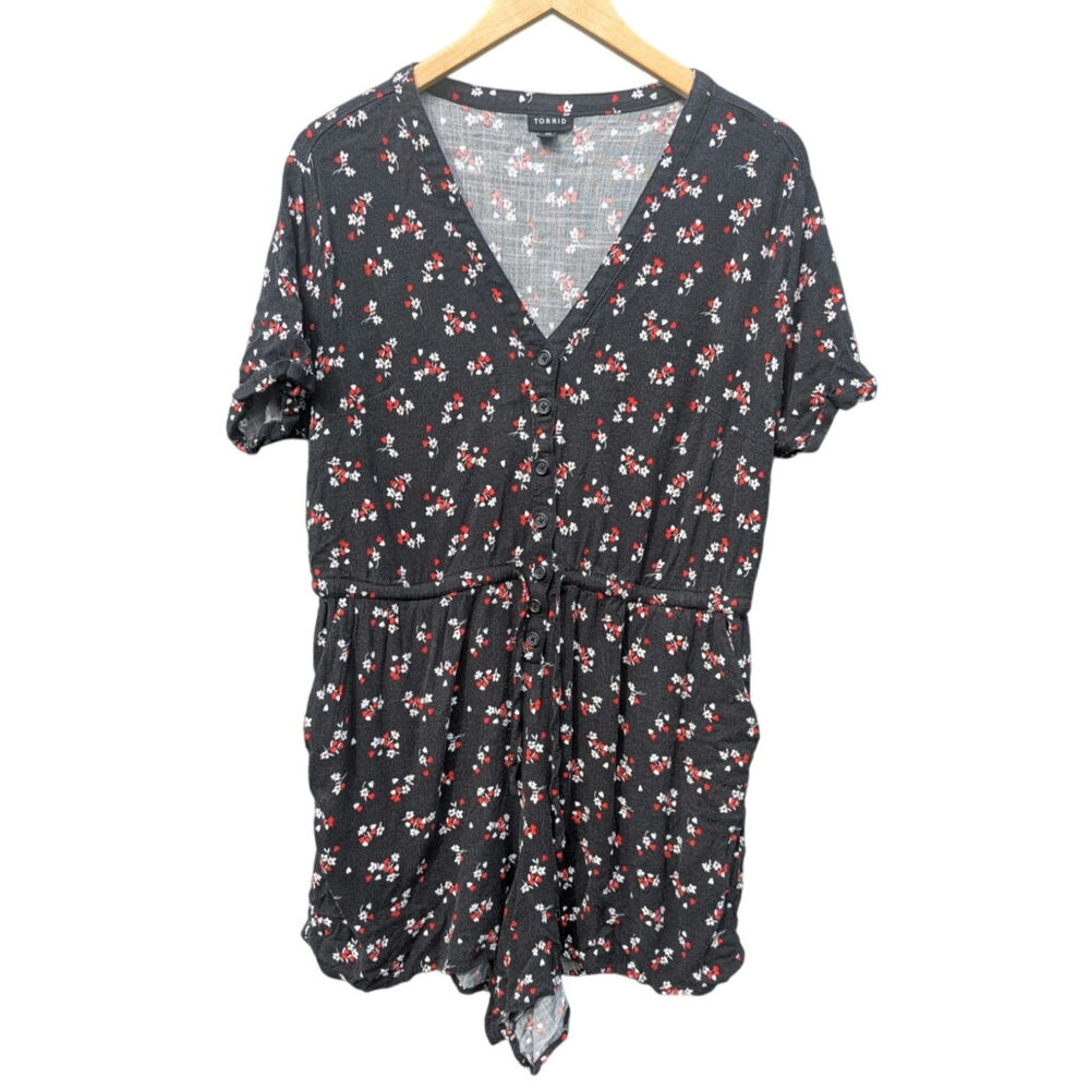 Ditsy Floral romper cottage prairie shorts with pockets black pin up women M